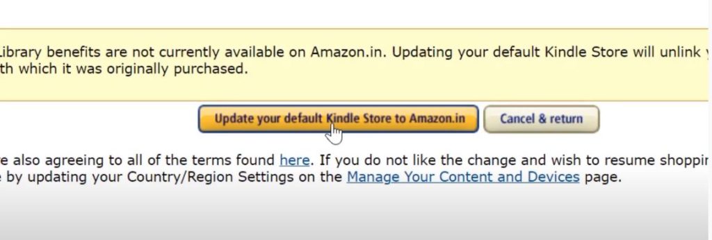 thông báo Update your default Kindle Store to Amazon.in